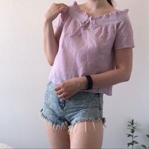 En creme pastel pink off-shoulder textured top loose fit blouse t-shirt peasant